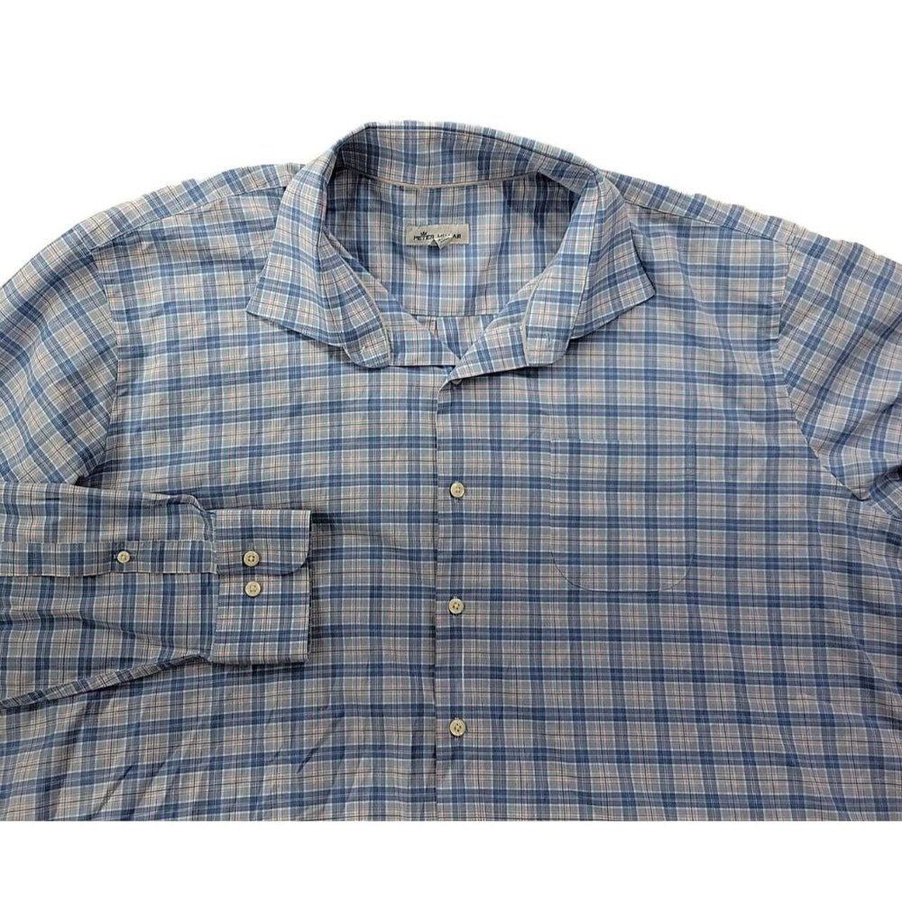 NEW - Peter Millar Men XXL Blue Plaid Button Down Shirt Business Stretch Cotton